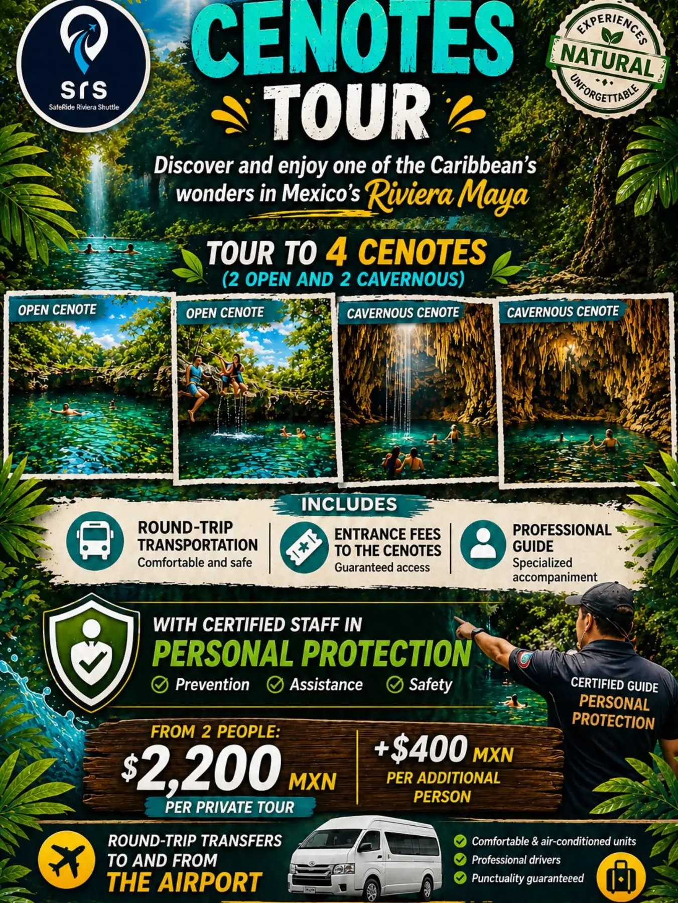 Promoción tour de cuatro cenotes SafeRide
